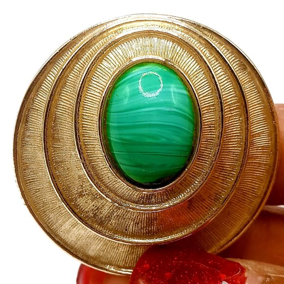 Vintage Sarah Coventry Brooch Pendant Malachite Gold Tone Green Striped Stone - Picture 5 of 12